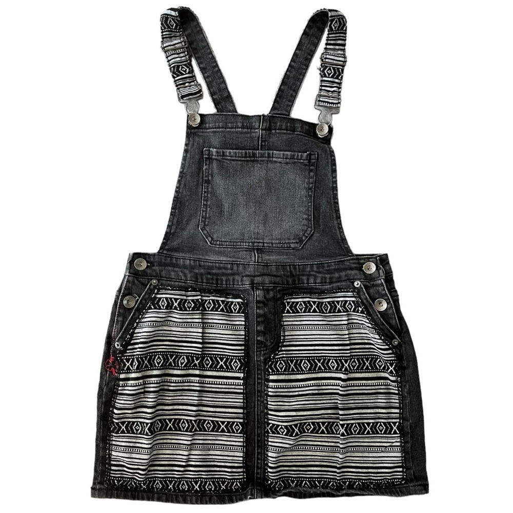 Lucky Brand Girls Black Bib Denim Overall Dress Boho Jumper Southwestern